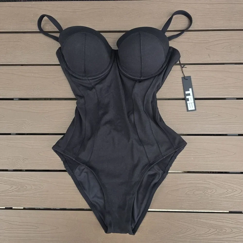 TA3 Solid Black Lushy 1 Piece F/G cup Swim body sculpt Sz L reg/long New